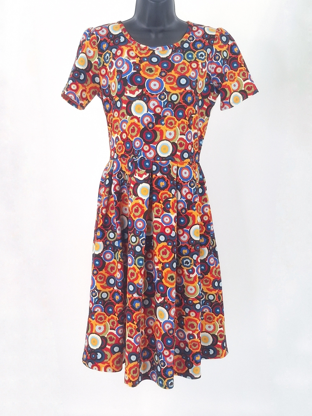 ✨LuLaRoe Amelia Dress Size Medium Mod Retro Colorful Swirl Pleated Pockets✨ - Picture 2 of 12